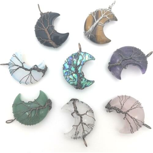 30x35MM Abalone Shell Amethysts Aventurine Opal Clear Quarz Tiger eye Moon Handmade Wire Winding Life Tree Chakras Pendant 1PCS