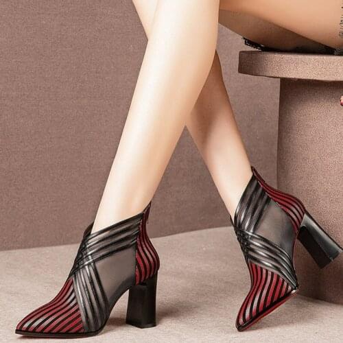 Woman Stripe Ankle Boots 2020 Summer Women Sexy High Heels Womens Mesh Casual Pointed Toe Boot Ladies Fashion Female Shoes