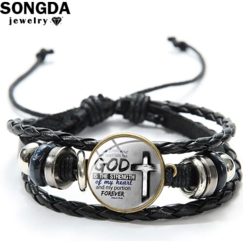 SONGDA God Is The Strength Of My Heart Bible Verse Psalm Circle Men Charm Bracelets Christian Jesus Cross Badges Wrist Jewelry