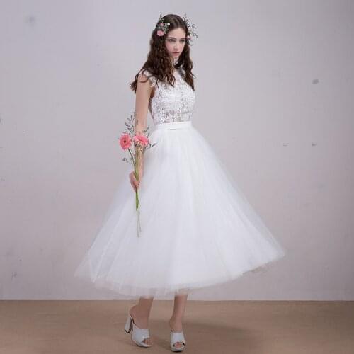 Tea Length Tulle Bridal Gowns Appliqued Beads Plus Size Dance Lace Up Short Dance Vintage Off White Wedding Bridesmaid Dress 538