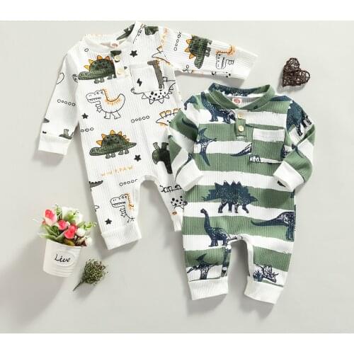 FOCUSNORM 0-18M Newborn Baby Boys Girls Rompers Cartoon Dinosaur Printed Long Sleeve Pocket Jumpsuits 2 Colors