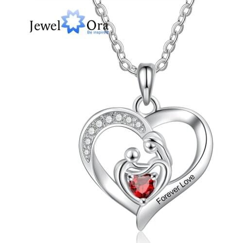 JewelOra Personalized Mom Baby Heart Pendant Necklace with Birthstone Customized Name Engraved Necklaces Gifts for Mothers