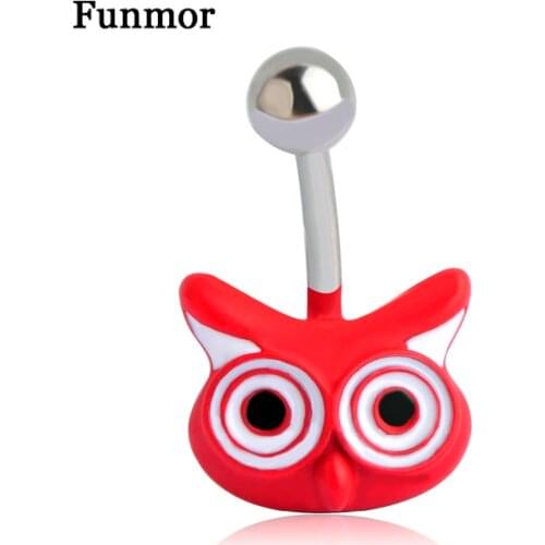 Funmor Red Enamel Owl Face Navel Piercing Rings Women Girls Stainless Steel Belly Piercing Navel Piercing Chirurgisch Staal