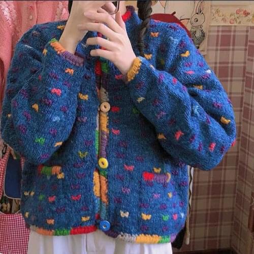 Korobov Korean Chic Blue Knitted Cardigans 2021 New Autumn Winter O Neck Long Sleeve Cardigan Sweater Japanese Outwear Sweaters