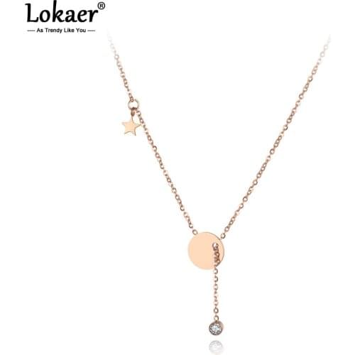 Lokaer Office Stainless Steel Round Tag Star Pendant Necklaces Jewelry Trendy Rhinestone Chokers Necklace For Women Girls N19014