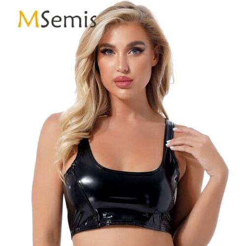 Womens Ladies Fashion Wet Look Patent Leather Cropped Tank Top U Neck Zipper Back Wide Shoulder Straps Vest Bar Rave Clubwear
