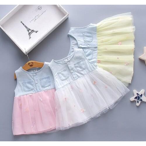 Fashion Korean Style Denim Girls Dress Cute Candy Embroidered Mesh Princess Dresses Summer Comfortable Cotton Baby Kids Clothes