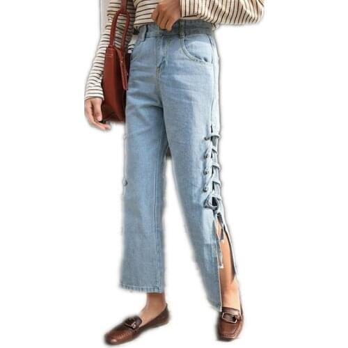 Fashion Lace-Up Women Light Blue Ankle-Length Jeans 2018 Spring Autumn Women High Waist Straight Jeans Loose Female Jeans Q193