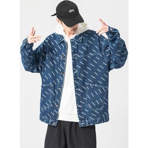 Mens Casual Denim Jacket Graphic Printed 2021 Spring New Hooded Coat Korean Streetwear Korean Male Blue Motorcycle Jackets