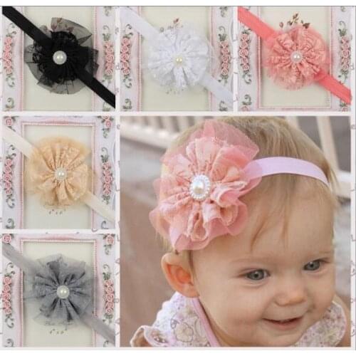 YH446 Wholesale Hair Accessories Cute Baby Girls Child Pearl Rose Flower Lace Headwear Elastic Headband