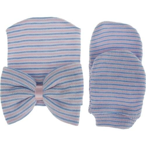 Autumn Winter Newborn Baby Hats 3Pcs Set Soft Cotton Gloves Set Sweet Striped Bow Warm Cap+Knitted Gloves Kit Infant Accessories