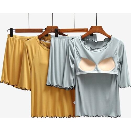 Short-sleeved shorts set with chest pad pajamas womens summer lotus leaf loose home casual suit can be worn outside two sets