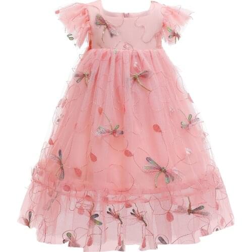 2021 New Girl’s Fly Sleeve Formal Dress Fashion Dragonfly Embroidery Round Neck A-line Mesh Yarn Princess Party Dress 3-10 Years