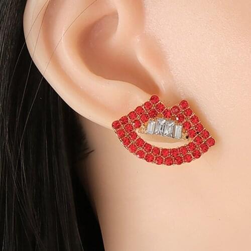 ZHINI New Elegant Sexy Red Lips Crystal Big Earrings for Women Fashion Luxury Rhinestone Dangle Earring Jewelry 2021 pendientes