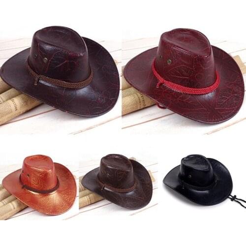 Classical Western Cowboy Hat For Men Women PU Leather Wide Brim Outdoor Sunhat With Adjustable Lace-Up Breathable Holes