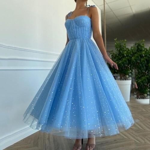 Blue Glitter Star Tulle Prom Dresses 2021 Strapless Modest Short Graduation Dress Straps Cheap Homecoming Party Gowns Tea Length