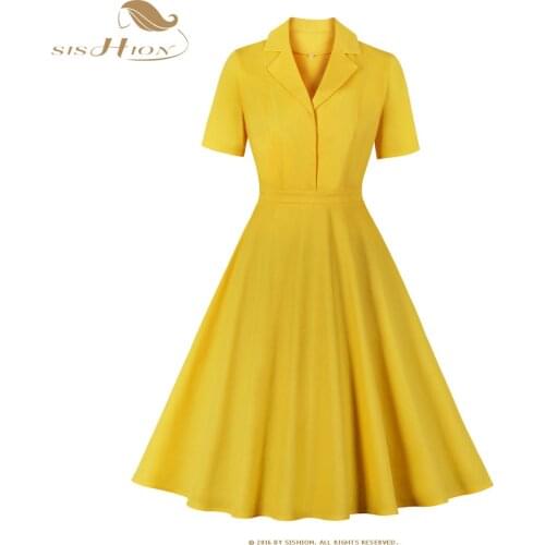 SISHION Short Sleeve Elegant Yellow Dress for Women VD1745 A Line Swing Vintage Cotton Dress