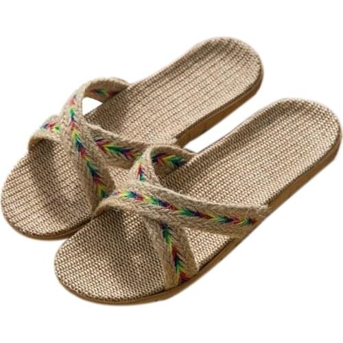 Womens Cross Flax Slippers Beach Flip Flops Indoor Non-slip EVA Mute Hotel Linen Slippers Women Slides Home Shoes Flat Sandals