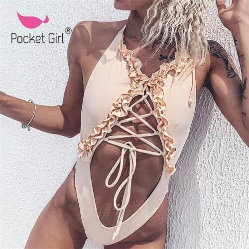 Pocket Girl 2020 One Piece Swimsuit Female Bandage Bikini High Cut Out Swimwear Women Monokini Brazilian Push Up Swimsuit Summer