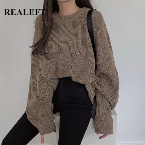 REALEFT 2020 New Autumn Winter Oversized Womens Sweater Korean Elegant Solid Knitted Sweater Warm Female Pullovers Jumper