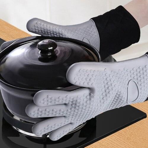 1Pc Extended Silicone Heat Insulation Gloves And Cotton Gloves Oven High Temperature Resistant Oblique Mouth Anti-scald Gloves