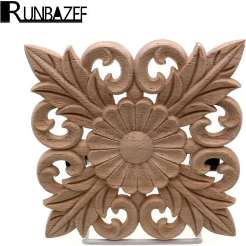 RUNBAZEF Vintage Pattern Carved Onlay Applique Home Decoration Accessories Decor Solid Wood Engraved Square Decorative Flowers