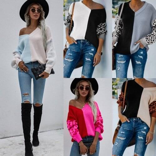 Woman V Neck Patchwork Sweaters Fashion Leopard Pullovers Sexy Tops 2021 Autumn Winter Clothes Streatwear For Women