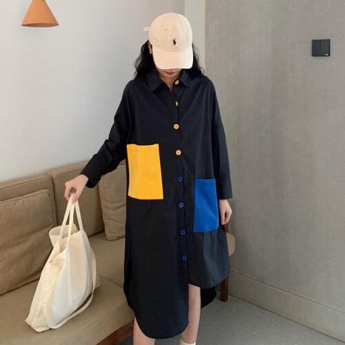 XL-5XL Women Dress Black Yellow blue splice Asymmetrical Split Joint Blouse Lapel Long Sleeve Loose Fit Shirt Fashion Tide