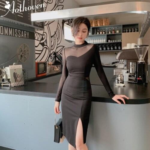 Spring Mesh Patchwork Dresses O Neck Long Sleeve Womens Dress Bandage Bodycon Vintage Party Wrap Pencil Dress Split Vestidos