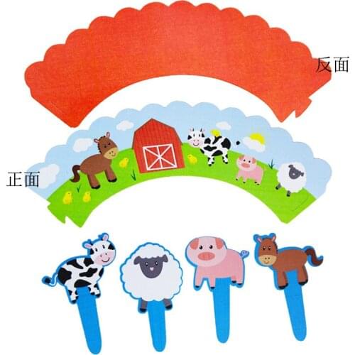 12pcs Farm Animals Cup Cake Toppers Cartoon Cow Sheep Pig Cupcake Wrapper Kids Happy Birthday Cupcake Cake Topper