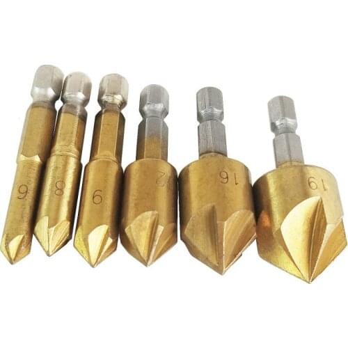 6pcs 5Flute Chamfer Countersink 1/4" Hex Shank HSS 90 Degree Wood Chamfering Cutter Chamfer 6mm-19mm Countersink Drill Bit