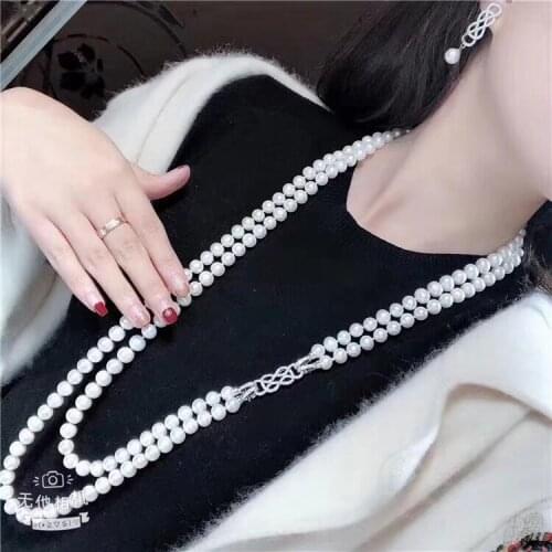 Free shipping 22-24" natural 8-9mm white Pearl CZ Necklace 925 silver micro inlay zircon clasp diy accessory jewelry