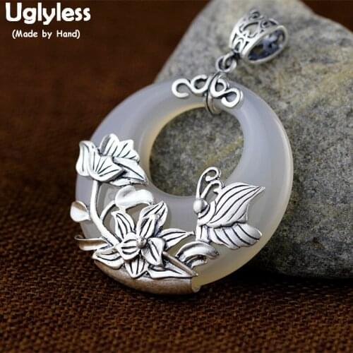 Uglyless Spring Style Butterfly Flowers Necklaces for Women Vintage Ethnic 925 Silver Floral Pendants NO Chain Chalcedony P1158