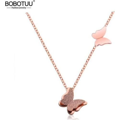 BOBOTUU Titanium Steel Double Flying Butterfly Pendant Necklace Simple Links Chains Wedding Necklace Jewlery For Women BN17033