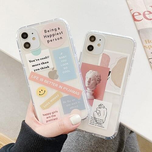 Art Statue Phone Case For iPhone 12 Mini 12 11 Pro X XR XS Max 6 6s 7 8 Plus SE 2 Fashion Cartoon Label Clear Soft For iPhone 12