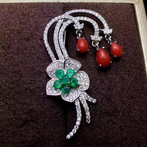 Flower Natural And Real Emerald brooch Free shipping Natural real Emerald 925 sterling silver brooch