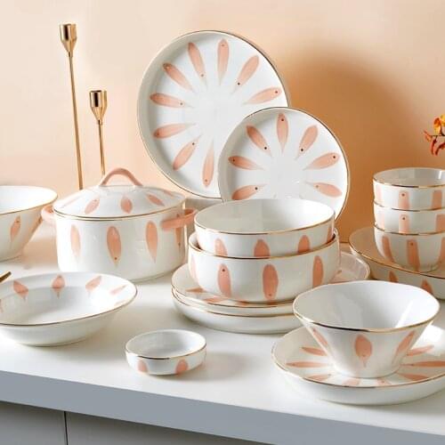 Exquisite bowl and plate set household combination light luxury Nordic high-end modern bright glazed tableware with golden trim