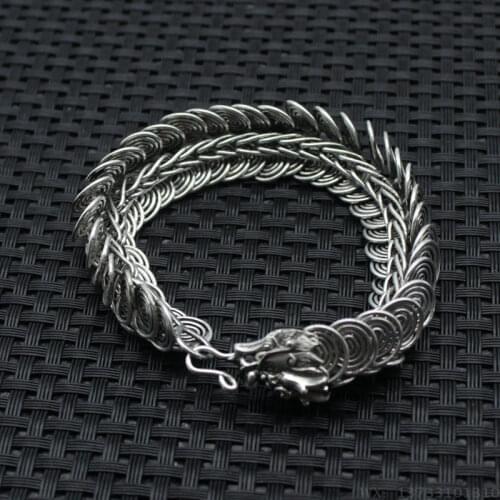 Chinese Tibet Silver Carved Dragon Head Men Bracelet Decoration Animal Statue Man Woman Gift
