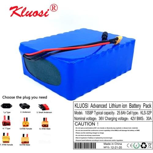 KLUOSI 10S8P 36V 25.6Ah 25Ah 1000W 36V Battery 42V Li-ion Battery Pack with 30A BMS for Ebike Electric Car Bicycle Motor Scooter
