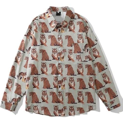 Mens Full Tiger Print Hawaii Shirts Male Harajuku Button Shirts Streetwear Fall Long Sleeve Oversize Blouse camisa masculina