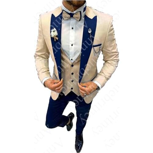 Champagne Mens 3 Piece Suits Blue Peak Lapel Slim Fit Formal For Wedding Groomsmen Tuxedos Clothing Blazer+Vest+Pant (No Tie)