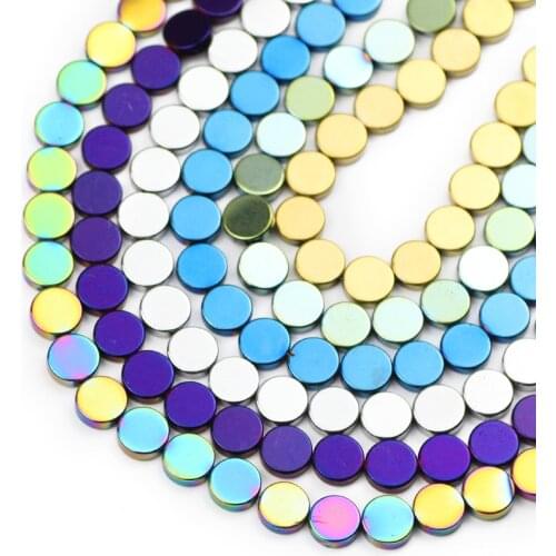 Natural Gold Blue Black Hematite Stone 6/8mm Flat Round COINS Spacer charm Loose Beads For Jewelry Bracelets Making DIY Findings