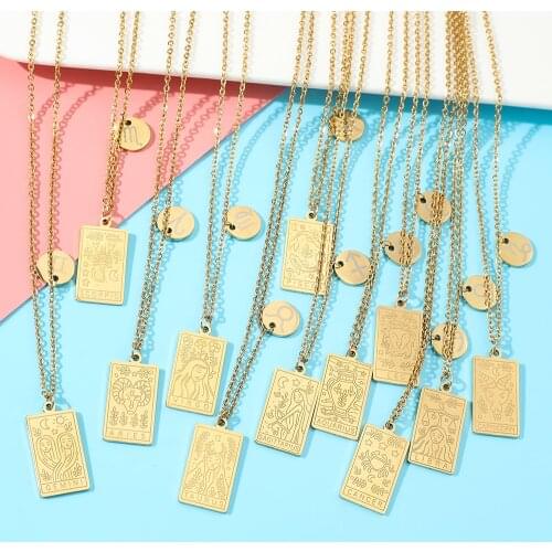 New Arrival 12 Constellations Tarot Necklace High Quality Stainless Steel Gold Plated Square Zodiac Sign Pendant Birthday Gifts
