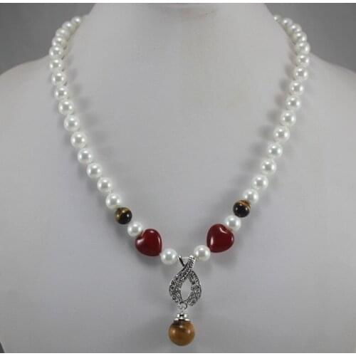 Simple style 8mm white shell pearl necklace and 14mm tiger eye bead pendant necklace for lady