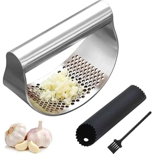 304 Stainless Steel Garlic Press Rocker Garlic Squeezer Tool Set with Silicone Roller Peeler Cleaning Brush