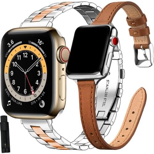 2pcs for apple watch bands 40mm 38mm 44mm 42mm Women Slim Thin Leather + stainless steel strap for iwatch band SE Series 6 5 4 3