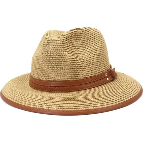 Straw hats women solid belt khaki white black summer hats outdoor sun protection big brim jazz caps beach hat gorros y sombreros
