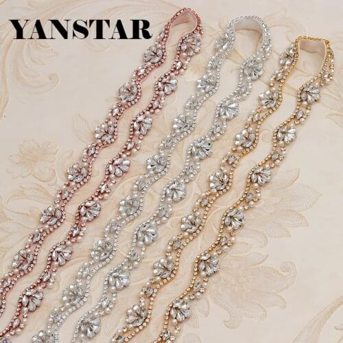 YANSTAR Handmade 30Yard Rhinestones Appliques Bridal Sewing Rose Gold Crystal Appliques Trim for Wedding Belt YS810