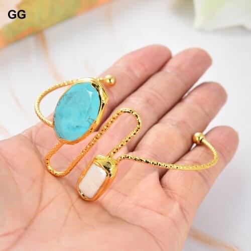 GuaiGuai Jewelry Natural Cultured White Biwa Pearl Blue Turquoise Rough Yellow Gold Color Plated Bangle Bracelet
