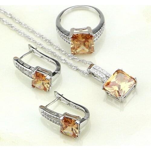 925 Sterling Silver Jewelry Champagne Cubic Zirconia White CZ Jewelry Sets For Women Wedding Earring/Pendant/Necklace/Ring